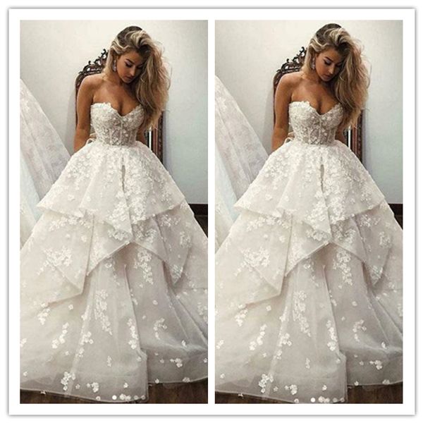

3d-floral appliques lace wedding dresses sweetheart tulle beach tiered bridal gown robe de mariee strapless floor length wedding dress, White