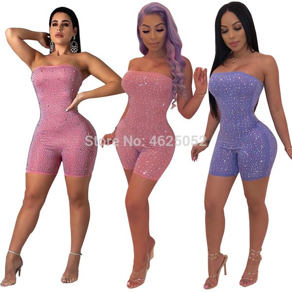 

women new drilling rhinestone diamonds strapless skinny above knee leggings jumpsuits bodycon party club rompers q186, Black;white