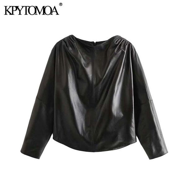 

vintage stylish pu faux leather blouses women 2020 fashion o neck long sleeve back zipper female shirts chic blusas mujer, White