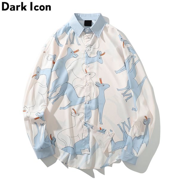 

deer print dress shirts men fashion hip hop streetwear casual long sleeve button down shirt hipster shirt, White;black