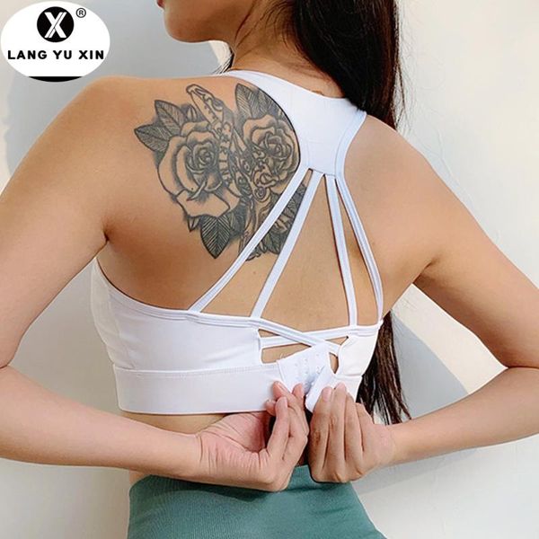 

buckle back beauty sports bra shockproof gather sport yoga underwear women's vest type medium impact strappy workout bra padded, White;black