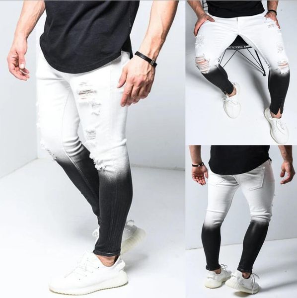 

men's jeans skinny men gradient black white ripped hole denim pantalones male autumn ankle zipper pencil trousers, Blue