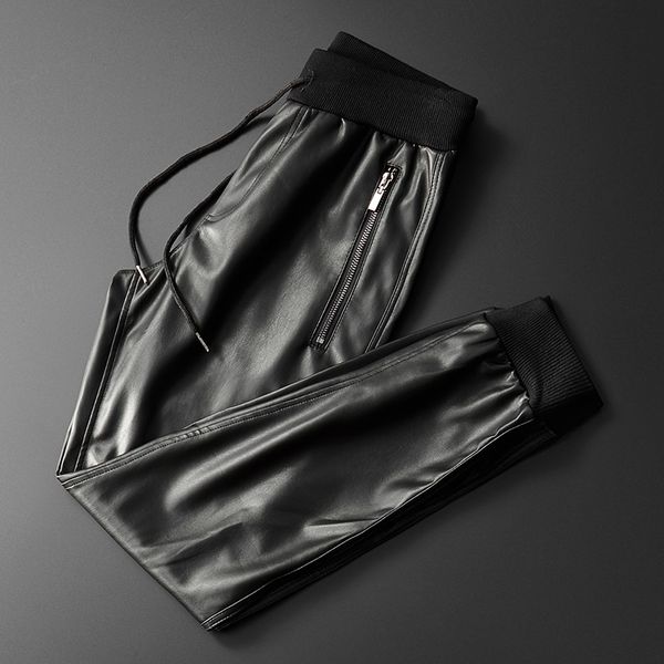 

men's pants thoshine brand men leather superior quality elastic waist jogger zipper pockets male faux trousers slim fit, Black