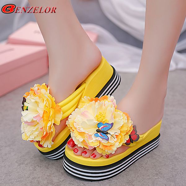 

benzelor 2019 summer new flower butterfly eva wedge slippers women shoes female flip flops beach ladies flat platform striped, Black