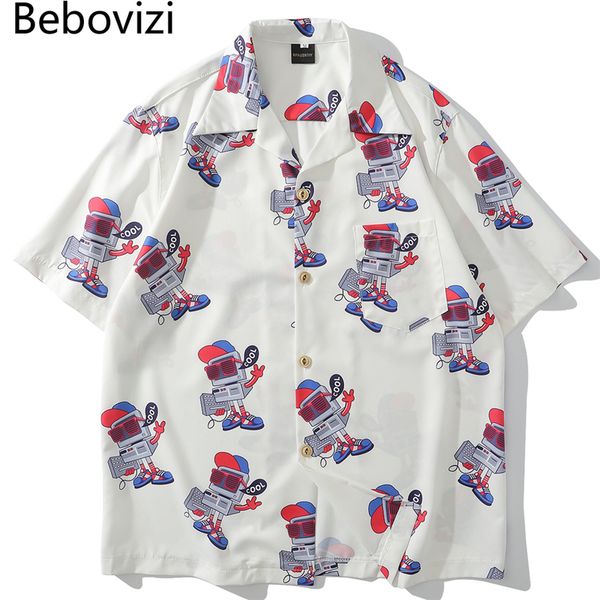

bebovizi мода стиль полный робот печать гавайские рубашки streetwear hip hop повседневная пляж camisas рубашка harajuku white men tops, White;black