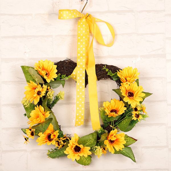 

heart-shaped artificial flower wreath garland with yellow sunflower and green leaves front door window wedding party decoration