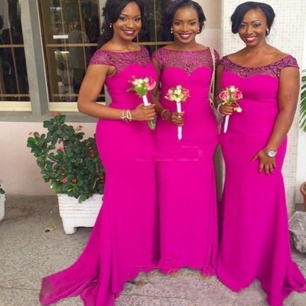 

dark fuchsia mermaid long bridesmaid dresses black girls scoop cap sleeves lace maid of honor wedding guest dresses, White;pink