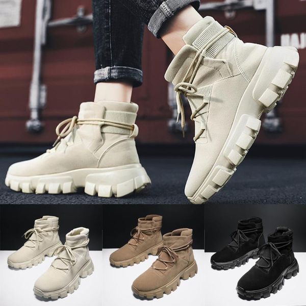

men's solid color high-casual boots lace up cool boys wild thick-soled slip-on tooling shoes booties winter footwear, Black