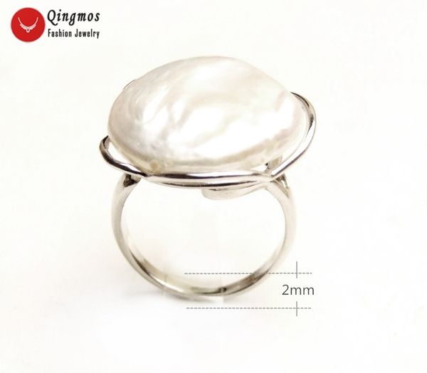 

qingmos natural pearl ring for women with 20mm white coin round pearl & silver plate metal ring jewelry adjustable #8-#10 ring, Golden;silver