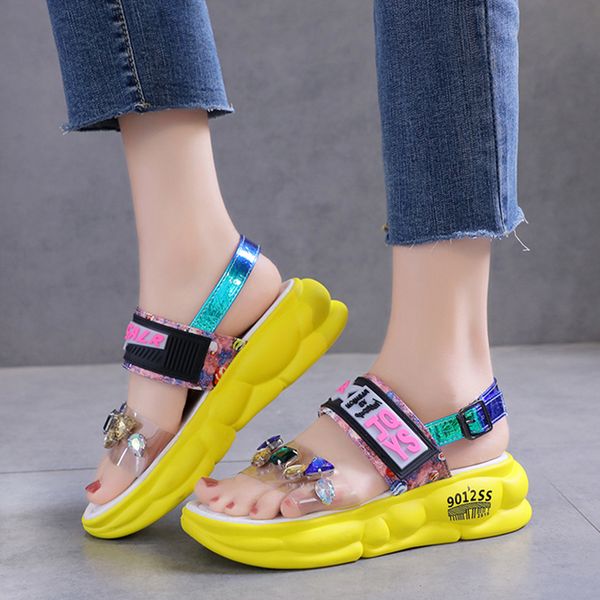 

rimocy 2020 летние женские прозрачные пвх сандалии мода стразы открытый носок туфли на платформе женщина комфорт открытый пляж обувь y200620, Black