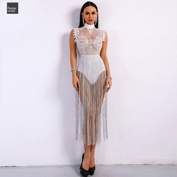 

bodysuit 2019 женщины сексуального лето кисточка игровой одежда высокой шея кисточка lace see through блеск рукава vr8901, Black;white