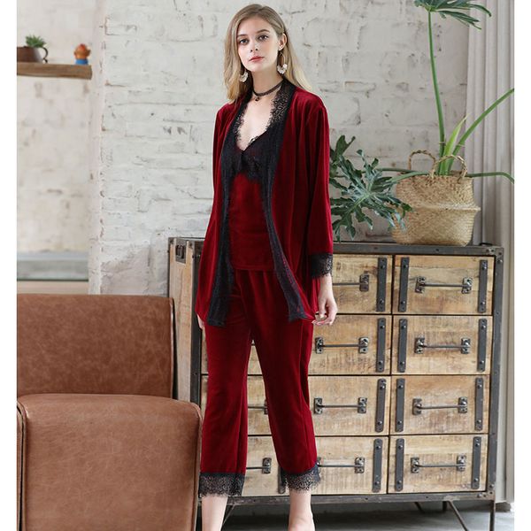 

new pajamas women's three-piece autumn and winter gold velvet robe lace suit strap trousers suit red home service sleepwear, Black;red