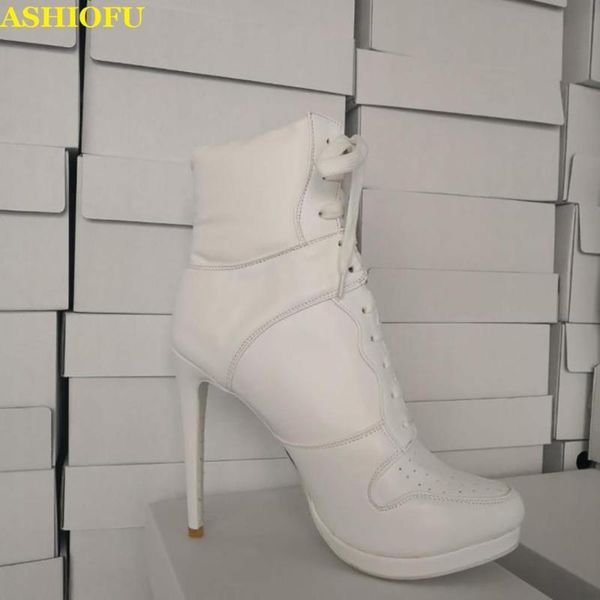 

ashiofu new real pictures ladies high heel boots lace-up platform ankle boots sports-style office daily wear fashion, Black