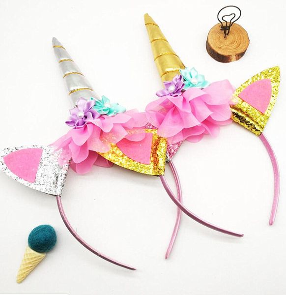 

fashion girls flower cat ear unicorn party headbands children birthday party hair headbands headbands kids hair accessories, Silver