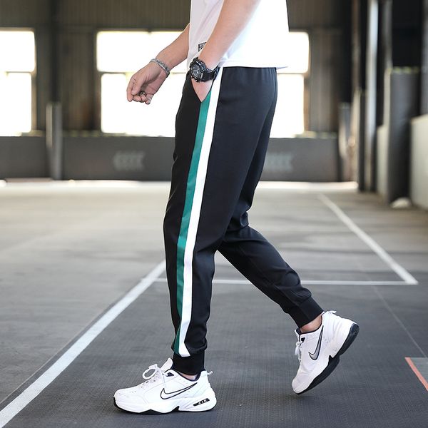 

stripe men's pants side pocket streetsport breathable trousers men black casual thin male full length summer pencil pants homme