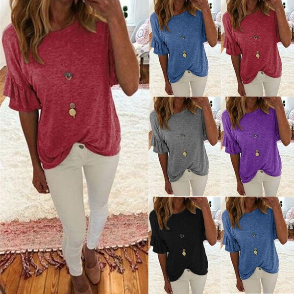 

women's summer casual loose ruffle short sleeve t-shirt solid color shirt round neck pullover tunic, White