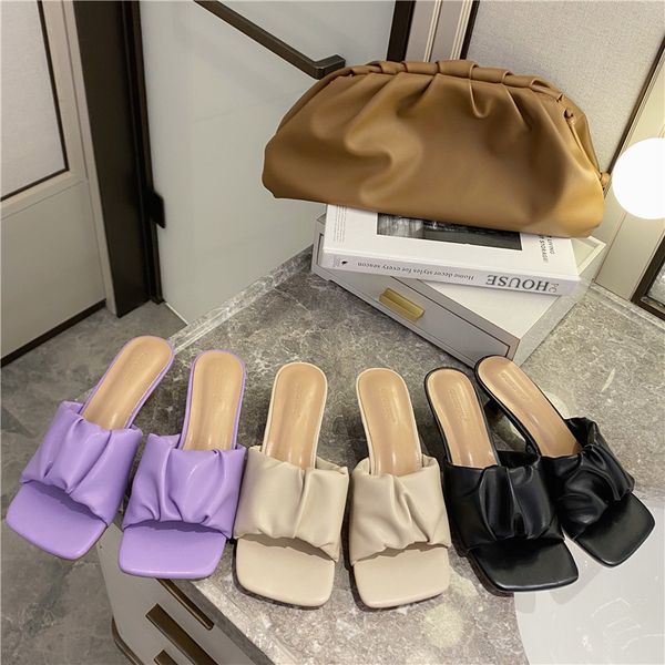 

slippers mule heels women sandals ladies high heel white color open toes thick fashion female slides 2021 summer shoes, Black