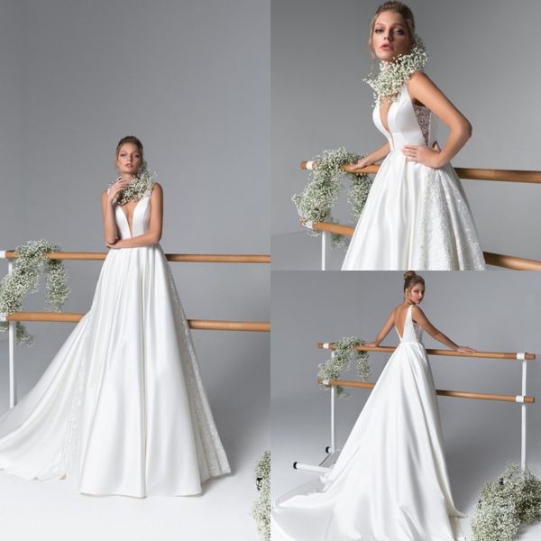 

ева лендель 2020 страна атласные свадебные платья sexy v шеи кружева свадебные платья спинки плюс размер свадебное платье, White