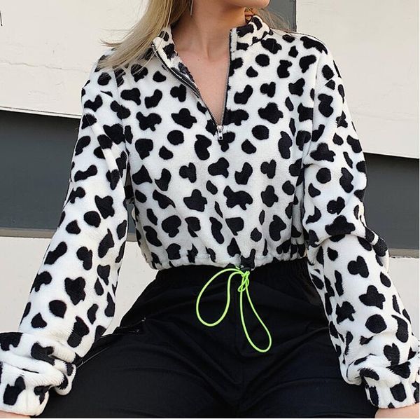 

spring new hip-hop cow print drawstring zip sweatshirt women, Black