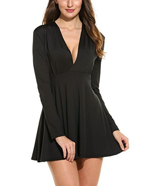 

angvns women cross v neck long sleeve ruched a line swing t-shirt dress, Black;gray