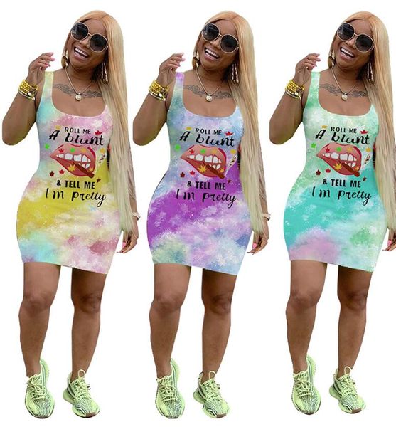 

women dresses summer letters print vest sleeveless dress lip tie dye fashion casual t shirt skirt bodycon dresses d6502, White