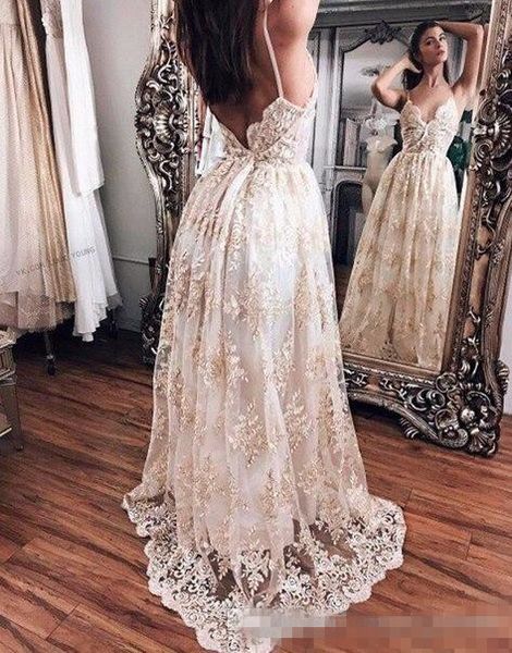 

2019 spaghetti straps a line wedding dresses boho lace applique tulle beaded sweep train custom made beach wedding bridal gowns, White