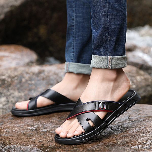 

genuine leather sandals men summer shoes 2019 beach sandals mens causal summer shoes cow leather black slippers ka1322