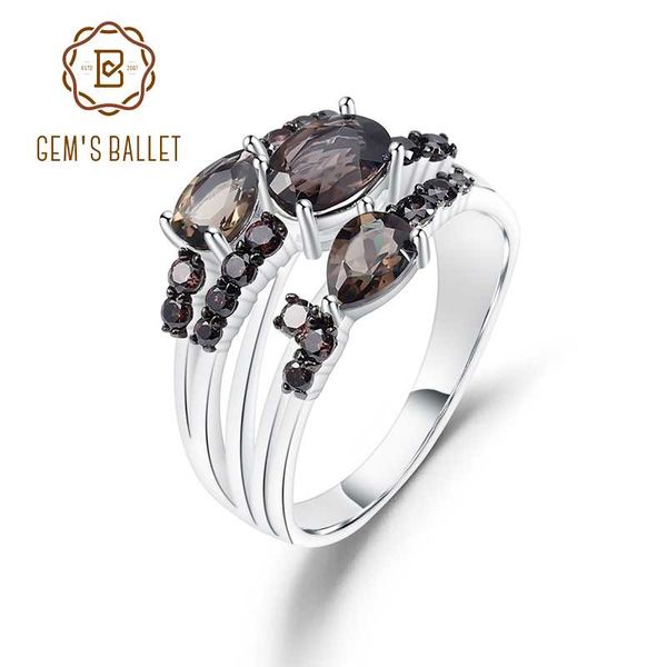 

gem's ballet 1.62ct natural smoky quartz gemstone rings 925 sterling silver three stone band ring for women fine jewelry, Golden;silver