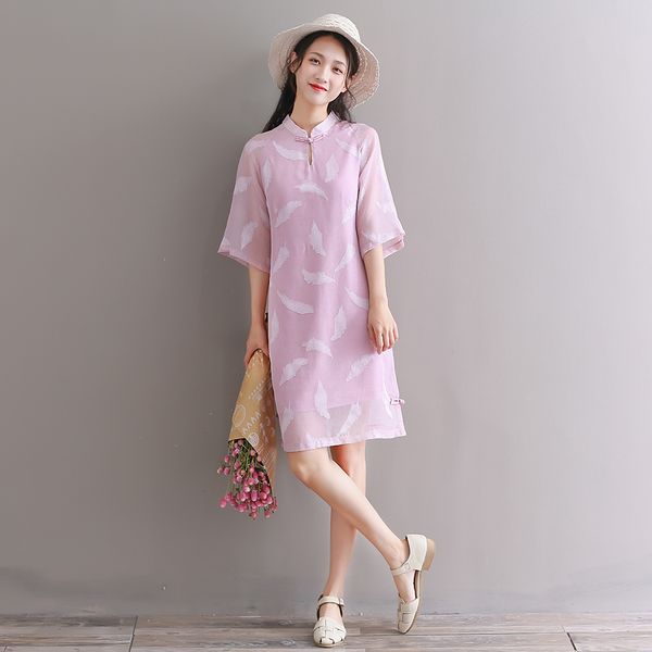 

2019 традиционное китайское платье cheongsam vestido женщин шифон cheongsam qipao цветок мандарин воротник qipao цветочный принт, Red