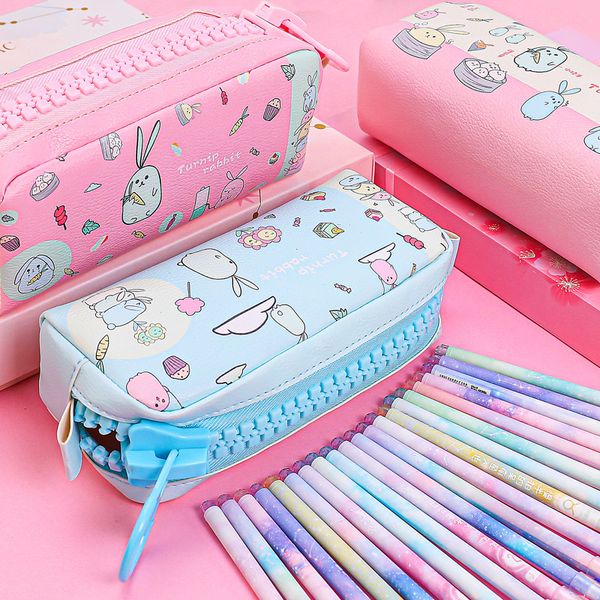 

big zipper pencil case cartoon pu leather pencil box pen bag stationery storage pouch office school supplies zakka