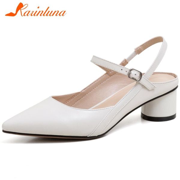 

karin 2020 genuine leather round heels summer sandals women shoes buckle strap concise shoes woman sandals, Black