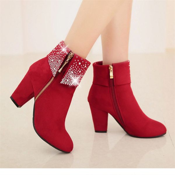 

red crystal boots women ankle boots for women high heel winter shoes zipper size 34- 43 botas mujer, Black