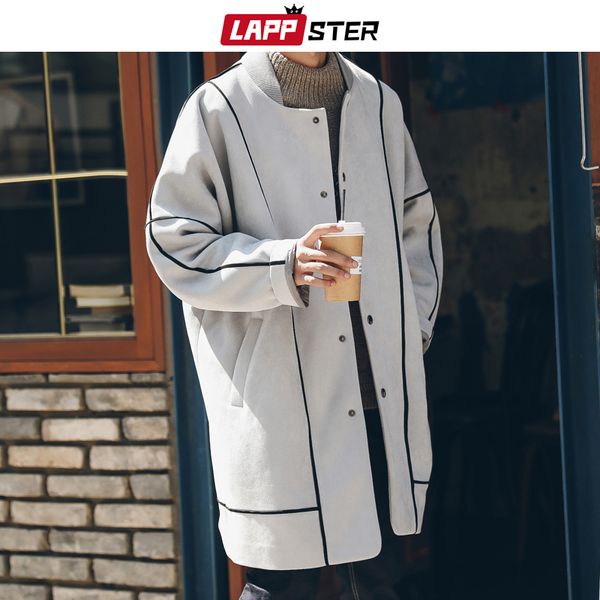 

lappster men korean fashions long coat 2020 suede trench coat for mens striped oversized harajuku overcaot winter jacket coats, Tan;black