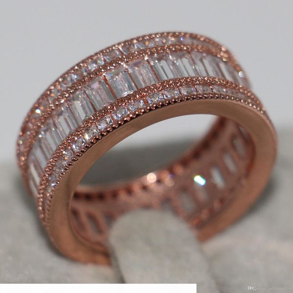 

size 5-10 fashion luxury jewelry 10kt rose gold filled princess cut full white sapphire cz diamond gemstones women wedding band ring gift, Slivery;golden