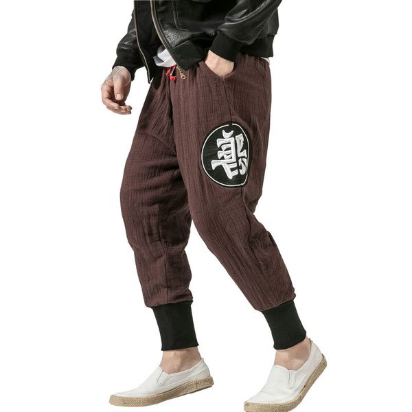 

chinese style fashion harem pants men cotton linen solid jogger pants men casual sweatpants mens trousers, Black