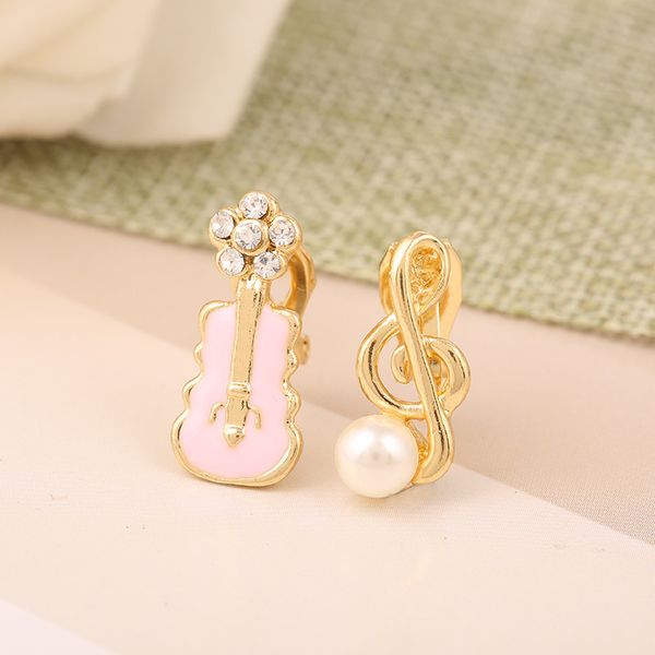 

amader korean sweet violin guitar note flower ear clip on earrings for women girls pearl clip earrings no hole without piercing, Silver