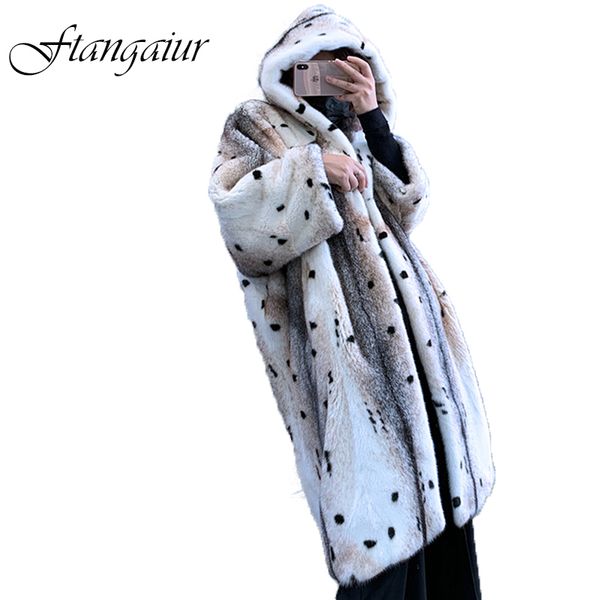 

ftangaiur 2019 winter import leopard point cross coat with hood full sleeve x-long women's natural real coats, Black