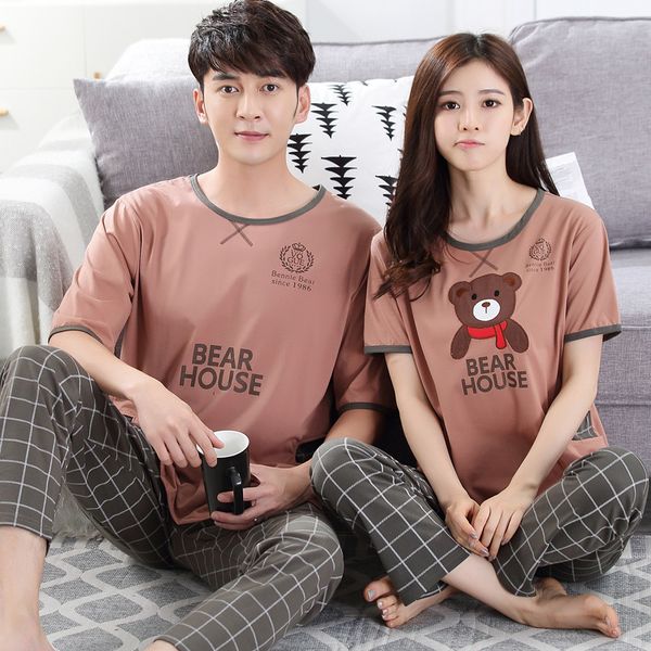 

men and women matching clothing 2019 summer short couple pajamas set 100% cotton 2 pcs loungewear cartoon fashion pajamas, Black;red