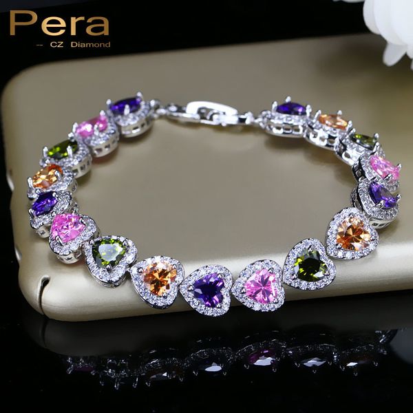 

pera 6 color option ladies party jewelry purple red green cubic zirconia crystal heart shape connected bracelet for women b069, Golden;silver