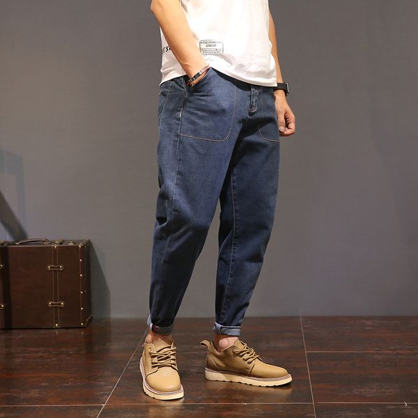 

men's jeans fashion loose jogger fitness casual tight ankle biker cuffed pants hip hop baggy, Blue