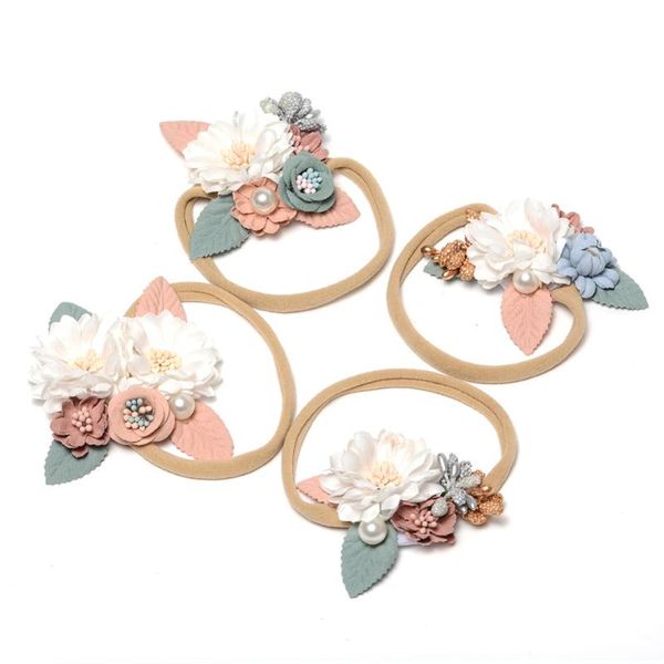

12pcs / серия bands pearl цветочные нейлон детские головная повязка мягкая цветок корона волос для младенцев аксессуары для волос 4 цвета jf, Slivery;white
