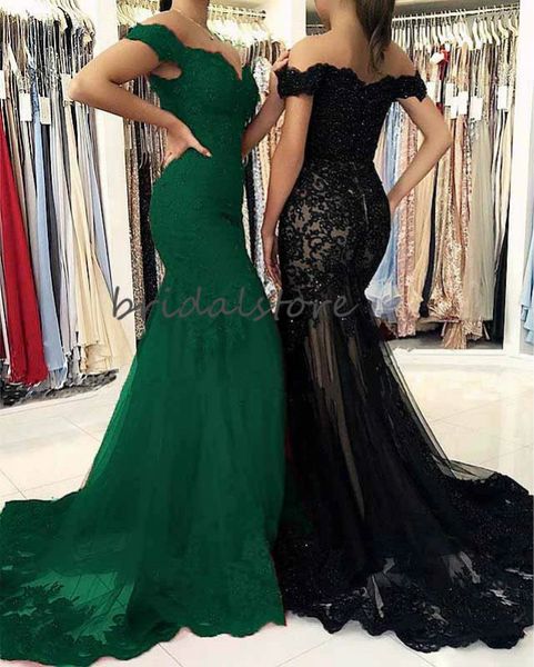 

beautiful green black mermiad prom dresses tight off shoulders lace elegant formal evening dresses 2020 short sleeves graudtion party gowns
