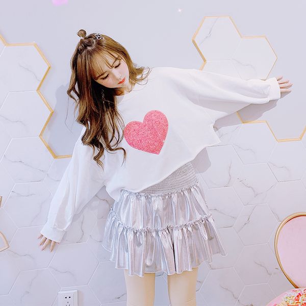 

love sequin embroidery short pullover women 2020 spring new korean loose student thin shirt mori kawaii lolita sweatshirt, Black