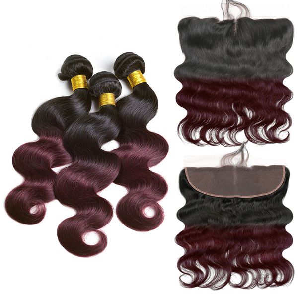 

ombre бургундии body wave связки с фронтальным 1b / 99j бразильский body wave human пучки волос с фронтальным 4x13 ombre кружева фронтальная, Black;brown