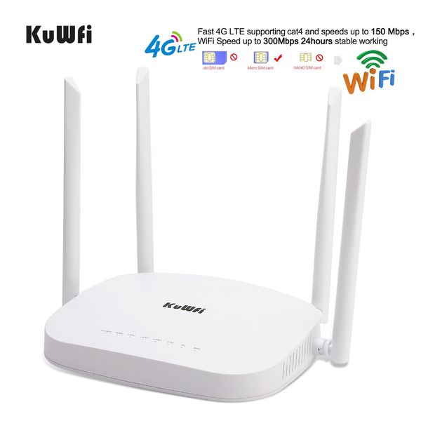 

kuwfi 4g lte wifi router, 300mbps 3g/4g wireless cpe router with sim card slot support 4g to lan device with 4pcs external anten