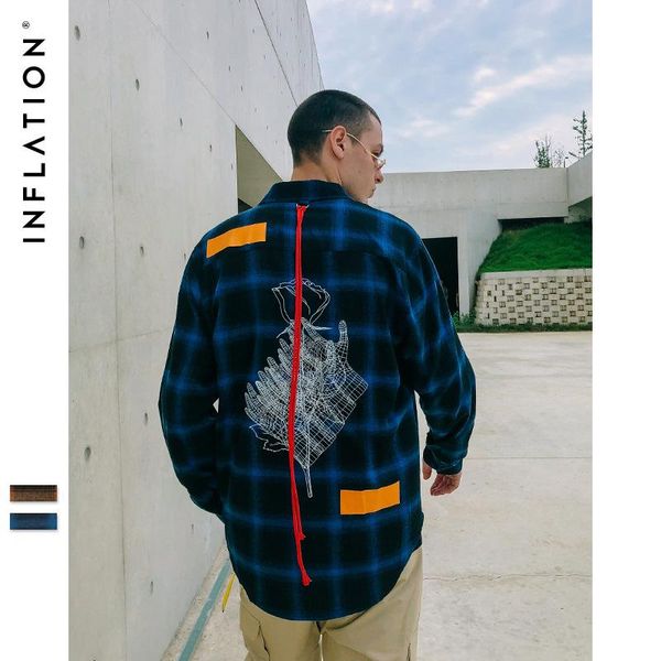 

инф мужская одежда|2019 новый хай-стрит личности дуги подол красной веревке свободно вышитые рубашки клетчатые мужские с отворотом, White;black