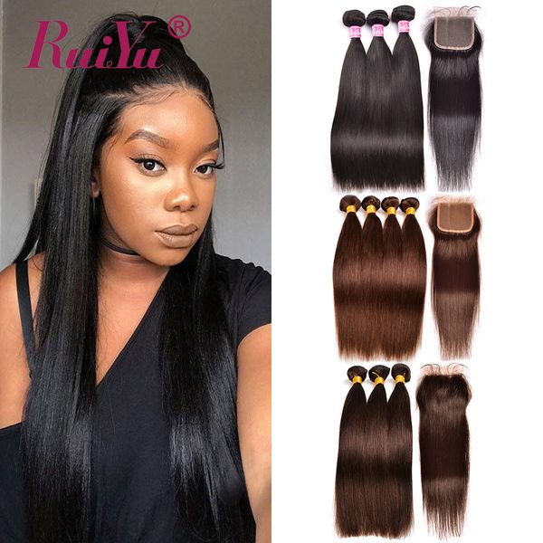 

ruiyu dark light brown colored bundles with closure straight human hair bundles with closure brazilian hair weave bundles remy hair wefts, Black;brown
