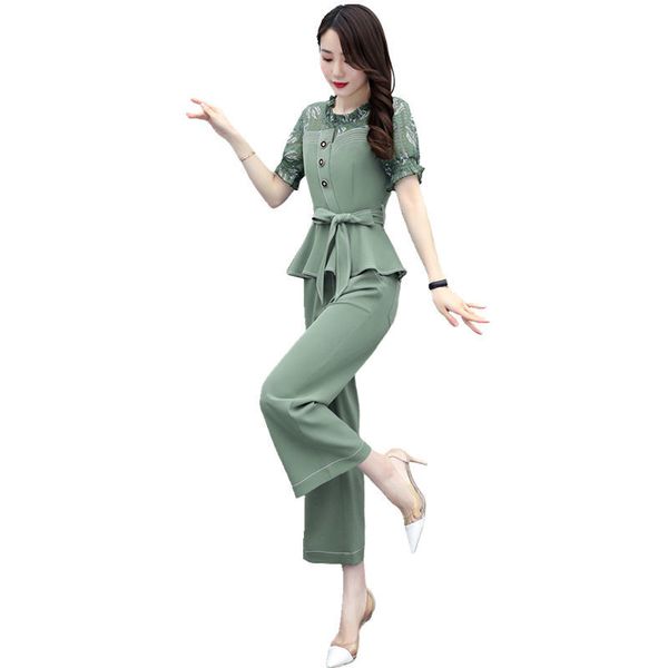 

2020 summer korean fashion chiffon printed bowknot stitching denim shirt crop and wide leg pants suit 2 piece set women, White;black