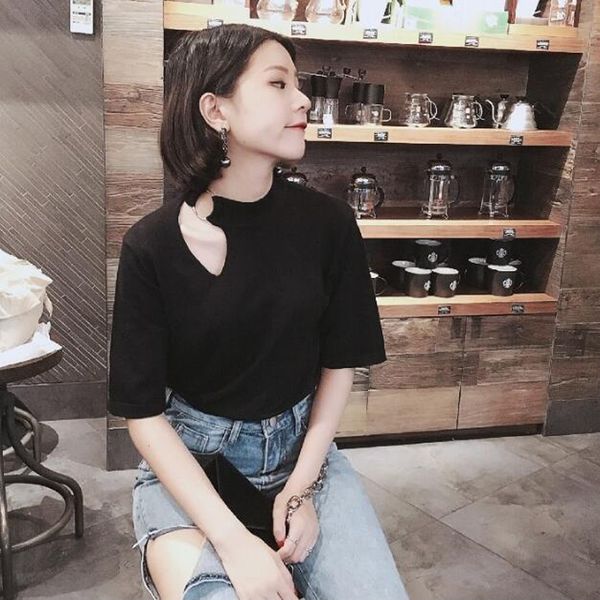 

new fashion women t shirt solid color short sleeve iron ring decoration women tees casual slim tshirt, White