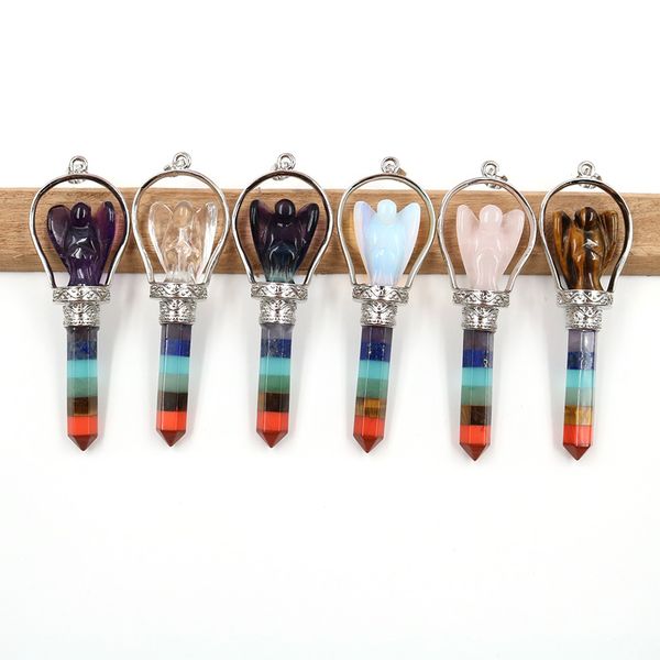 

wholesale 5 pcs silver plated many colors quartz angel pendant with layer rainbow stone hexagon column classic jewelry